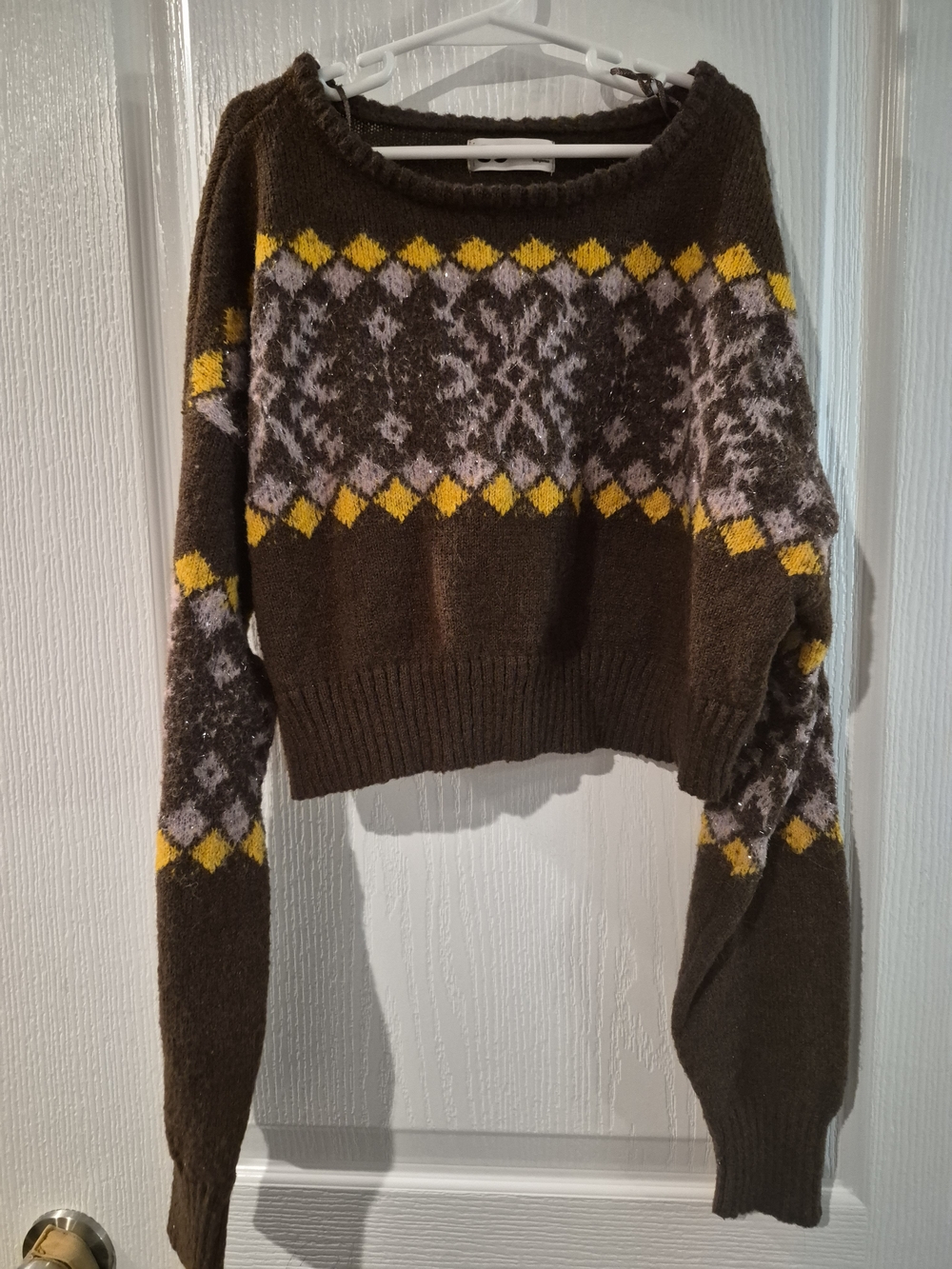 SO Brown Fair Isle Crewneck Sweater with Yellow & Light Gray Pattern
